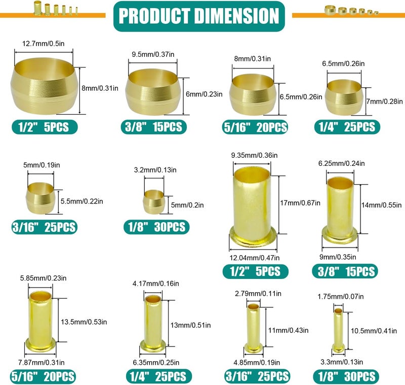 Dekiphox 240PCS Brass Compression Sleeves Ferrules Inserts, 6 Sizes 1/2" 3/8" 5/16" 1/4" 3/16" 1/8" Tube OD Compression Fittings Assortment Kit for Air Water Fuel Oil and Inert Gases Line Connection - Image 2